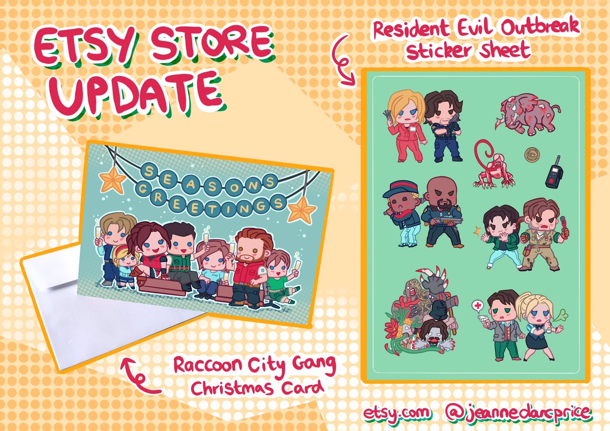 Hi all! I’ve got a quick Etsy store update for you. Some new fun Resident Evil 5 stickers, RE Outbreak sticker sheet, and a new RE Christmas card based on my artwork from last year Check out my store jeannedarcprice.etsy.com 👈💕