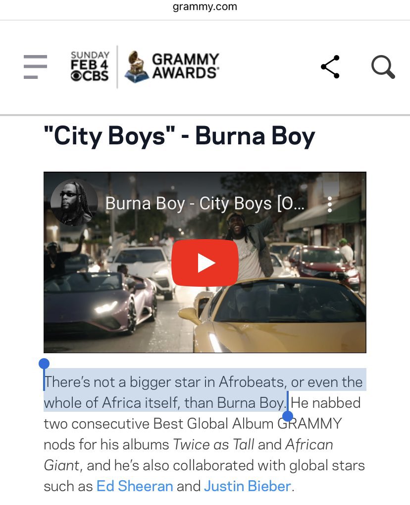 TheUpperEnt's tweet photo. “There’s not a bigger star in Afrobeats, or even the whole of Africa itself, than Burna Boy" - Grammy showers praises on Burna Boy. https://t.co/st7Esnk63E