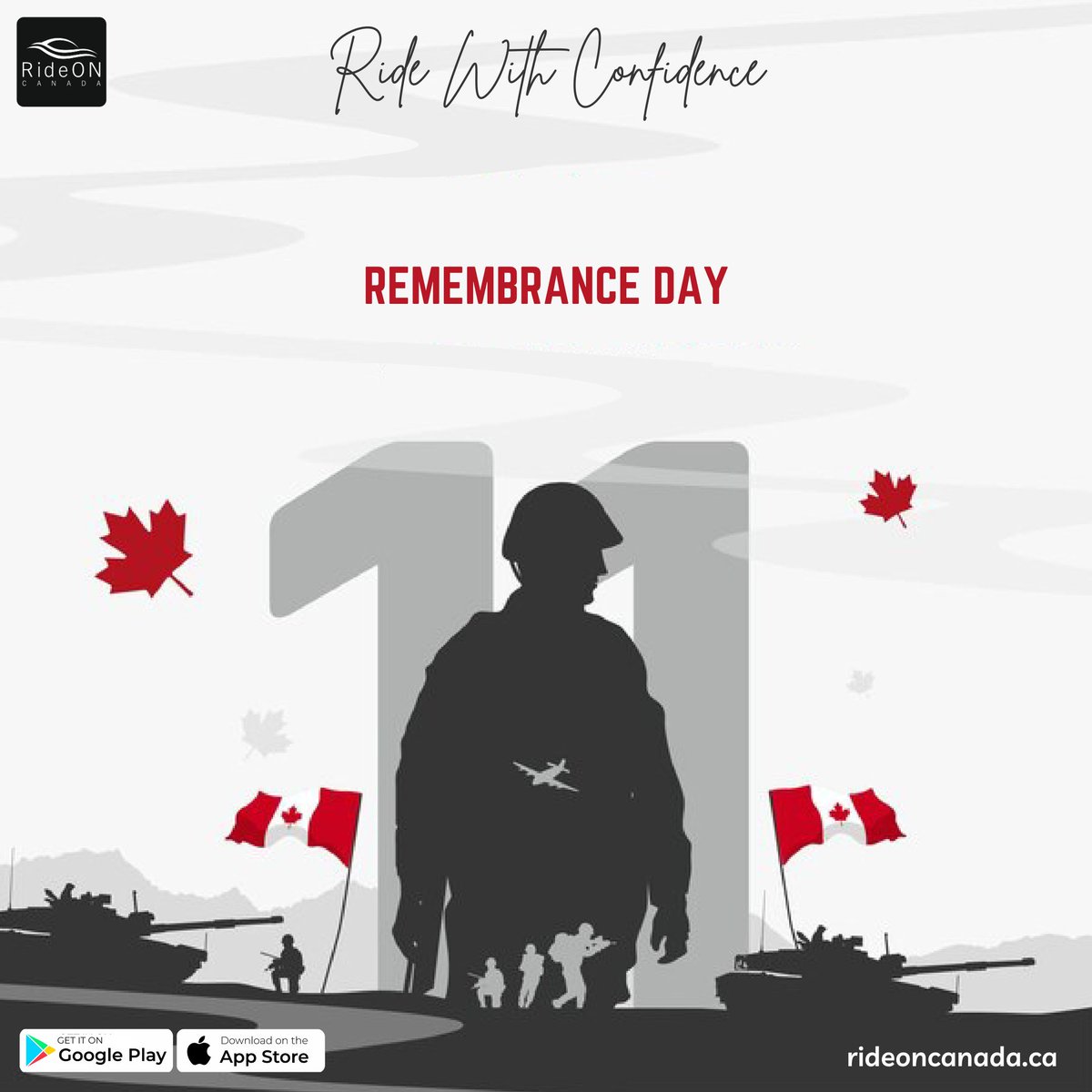 Lest we forget. 🍁 On Remembrance Day, RideON Canada honors and remembers the sacrifices of those who served our nation. Today, we stand together in gratitude and reflection. 

Book a ride a rideoncanada.ca
Or download App on mobile.

#SafetyFirst #RideWithConfidence