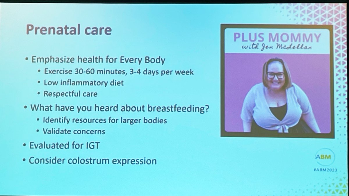 Listening to Alison Stuebe talk about breastfeeding management strategies tailored to lactating parents of higher BMI. Focus of respectful care, being knowledgeable about resources available. @plusmommy @astuebe #ABM2024 @BFMedicine