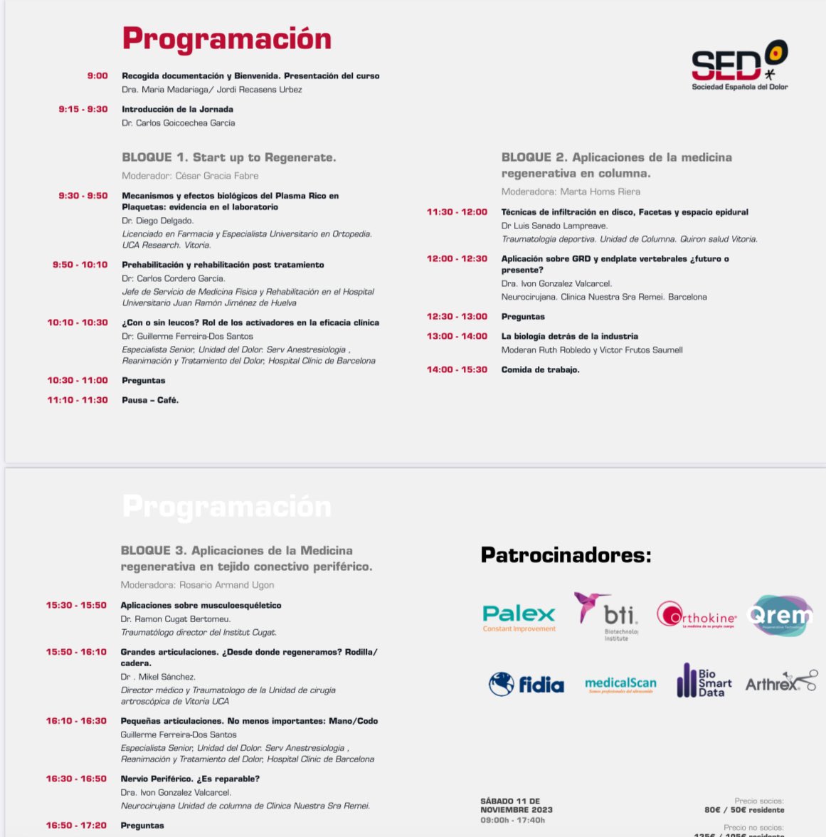 I Jornada de Medicina Regenerativa de la <a href="/Sedolor/">Sociedad Española del Dolor</a>

Muchas gracias al Dr. Jordi Recasens y a <a href="/Sedolor/">Sociedad Española del Dolor</a> por invitarme a participar como ponente.

Altísimo nivel científico donde ha sido un placer compartir experiencias con referentes nacionales e internacionales.