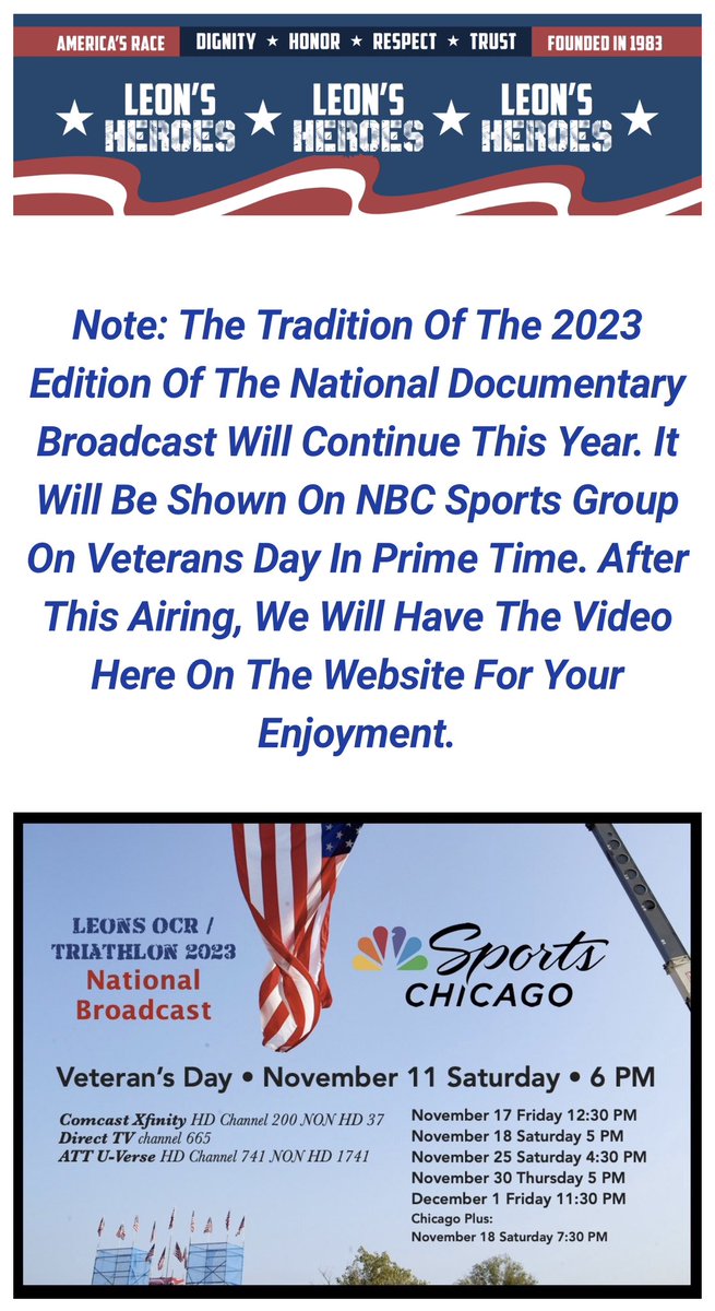 Excited for the broadcast of Leon’s Heroes tonight at 6pm on NBC Sports Chicago. Thank you to all our service men and women and their spouses. Thank you Leon for all you’ve done for our veterans! 🇺🇸🇺🇸🇺🇸 leonstriathlon.com