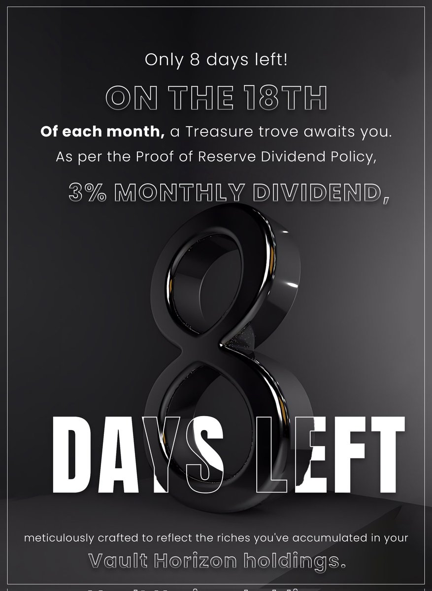 OceanFloor2200's tweet image. Countdown Alert: Just 8 days until the 18th! Uncover a monthly treasure trove with a 3% dividend through our Proof of Reserve Dividend Policy. Your Vault Horizon holdings are about to yield the riches they deserve. Don&apos;t miss out!
#bitcoincode #btcc #btc20 #cod20miner