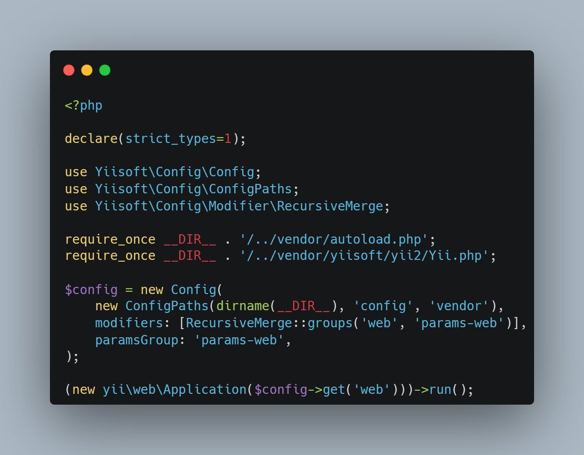 Terabytesoftw's tweet image. 3. Loading Configuration 📂
In your application’s entry point (usually index.php), create an instance of the configuration loader, example Yii2.
💻📷 #CodingWithWilmer #PHP #YiiFramework #Yii2 #Yii3 #ConfigManagement