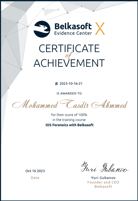 tasdir_x's tweet image. Alhamdulillah, I've completed the iOS Forensics Certification by @Belkasoft with a 100% score and 6 CPE Credit!
#BELKASOFT #digitalforensics #DFIR #cybersecurity