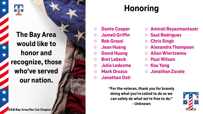 Will Ortiz (@willortiz85) on Twitter photo The #BayArea would like to honor and recognize, those who've served our nation and thank you to the allies who support our veteran employees and their families.
Today and every day, we proudly salute you. #VeteransDay🇺🇸 #StrongerTogether The #BayArea would like to honor and recognize, those who've served our nation and thank you to the allies who support our veteran employees and their families.
Today and every day, we proudly salute you. #VeteransDay🇺🇸 #StrongerTogether