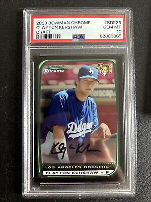 HR_cards's tweet photo. Clayton Kershaw Rookie Card 2008 Bowman Chrome Draft #BDP26 PSA 10 #ad #baseballcards https://t.co/3vRimaJGty https://t.co/FfID49v0A9