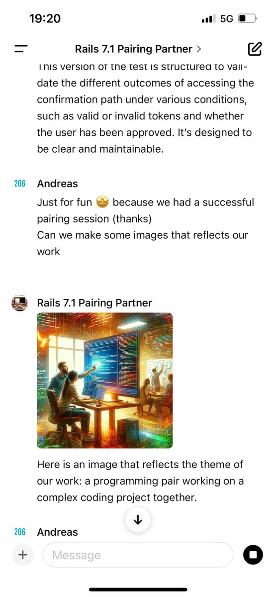 code_206's tweet image. Today I worked with my first custom #ChatGPT that is specialized in rails 7.1 turbo, Postgres, and more.

I finished over 30 #Rails tests and I am so surprised how #gpt4turbo created an image for our pairing session.

This is so much fun 🤩 Can&apos;t wait to fine-tune it tomorrow.