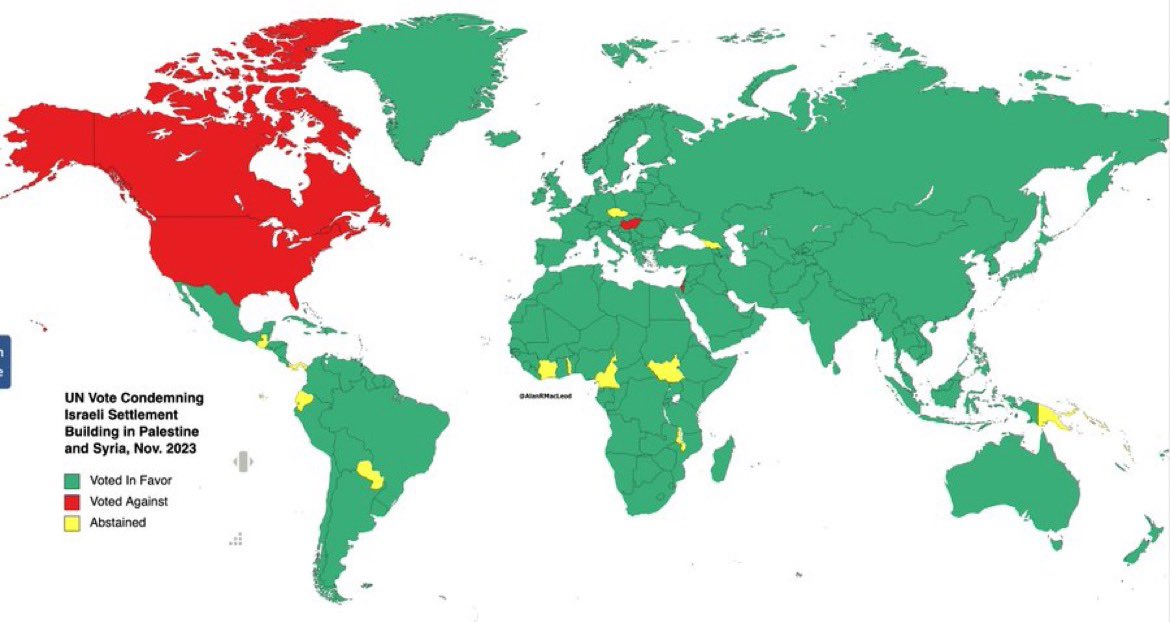 🚨🇮🇱 The United Nations just voted 145-7 in favor of a resolution CONDEMNING ILLEGAL ISRAELI SETTLEMENTS in Palestine & Syria. 

❌ The countries voting AGAINST the bill: 

🇮🇱 Israel
🇺🇸 USA
🇨🇦 Canada
🇭🇺 Hungary
🇲🇭 Marshall Islands
🇫🇲 Micronesia
🇳🇷 Nauru