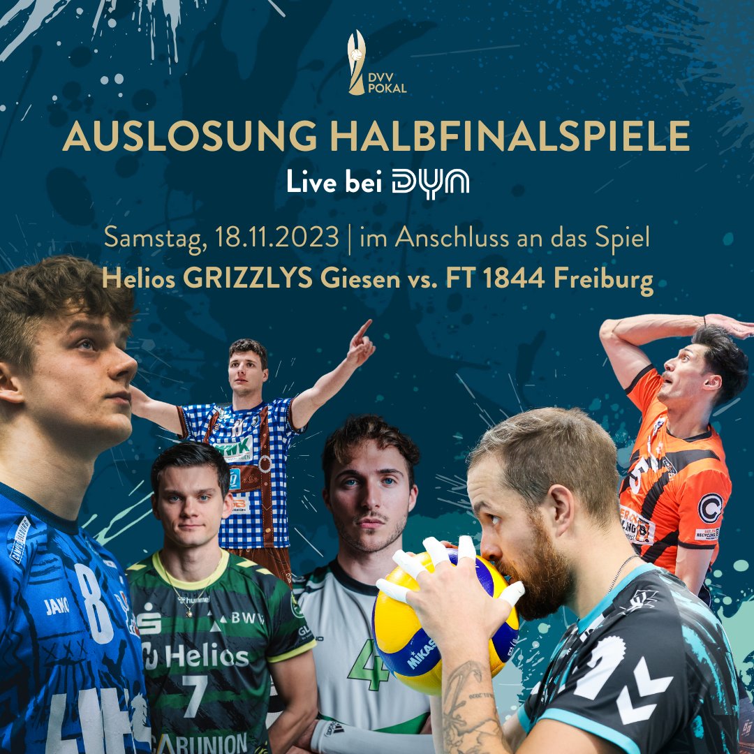 Am 18.11. wird nach dem Viertelfinalmatch zwischen @heliosgrizzlys & FT 1844 Volleyball das Halbfinale im #DVVPokal ausgelost. Also bleibt dran oder verfolgt die Auslosung auf dem YouTube-Kanal von DynVolleyball. 💥 @DVV_Volleyball #vbl 📸 justus.fotos, Leon Krause, Ina Wildführ