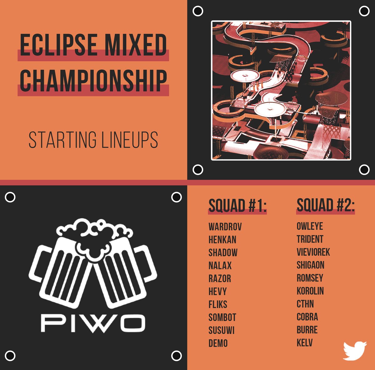 EMC starts this weekend, so please welcome our 2 rosters that will compete:
PIWO Main:
Henkan (C) 🇸🇪
<a href="/nalax_tm/">Nalax</a> 🇵🇱
<a href="/Wardrov_tm/">Wardrov</a> 🇨🇭
<a href="/ITShadow__/">Shadow</a> 🇮🇹
<a href="/dabidibam/">Fliks</a> (fliks) 🇵🇱
Razor 🇵🇱
<a href="/HevyTm/">hevy_tm</a> 🇸🇪
<a href="/Demotivator13/">_demo</a> 🇵🇱
Susuwi 🌊🇸🇪
Sombot 🇩🇪