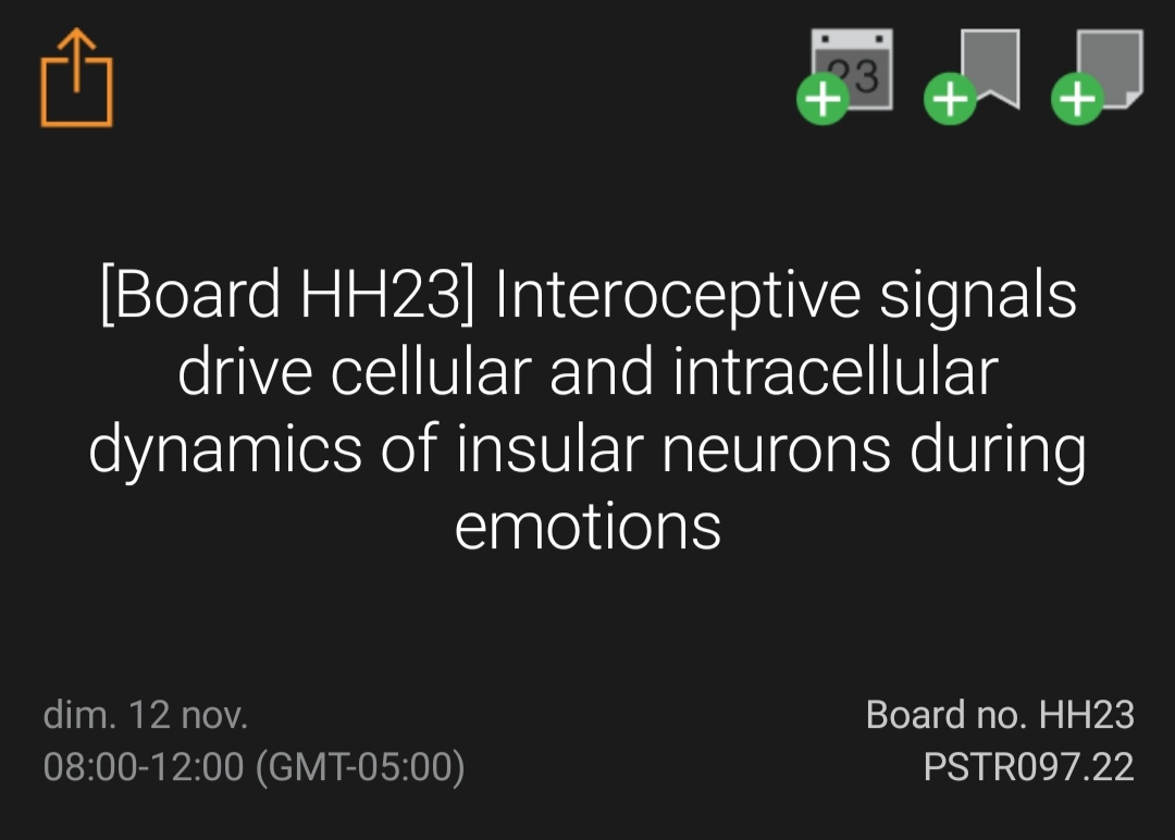 If you're at SfN #SfN2023 and interested in the cellular correlates of emotions, insula and interoception, please come visit me at my poster tomorrow (Sunday) morning! I'll be presenting my postdoc work from the Gogolla lab @NadineGogolla