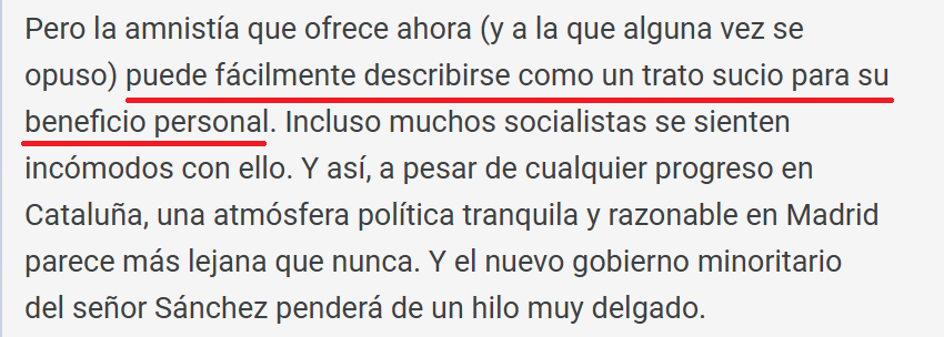 GabrielAraujoES's tweet photo. 🔴FAKE de la Cadena Ser mintiendo descaradamente sobre un artículo de The Economist para blanquear la claudicación de Sánchez en su propio beneficio.

- Dice el artículo original: "But the amnesty he now offers—and once opposed—can easily be portrayed as a grubby deal for his personal benefit. Even many Socialists are uncomfortable with it."
- Traducido: "Pero la amnistía que ofrece ahora (y a la que alguna vez se opuso) puede fácilmente describirse como un trato sucio para su beneficio personal. Incluso muchos socialistas se sienten incómodos con ello."

Artículo original completo: https://t.co/L6BppuGFh3

@BetaniaTv @laquefaltaba10 @GuillermoRocaf1 @MundoAlRojo @CapitanBitcoin @Doct_Tricornio @N_Trastamara @Espanaesnuestra @begonagerpe @iBarbarellah @WillyTolerdoo @zuricht94 @AlexaGomezDos @maibortpetit @JavierVillamor @jsobrevive