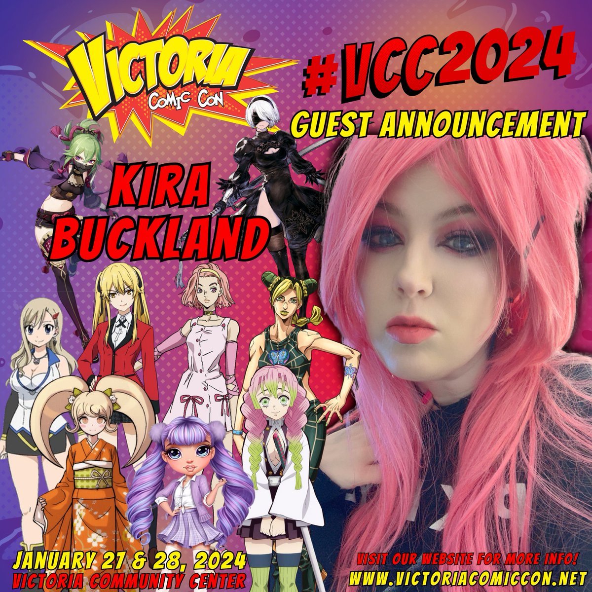 *** GUEST ANNOUNCEMENT! ***
We are thrilled to announce that the talented voice actress, Kira Buckland is joining us at #VCC2024!

Check out our website for more information. victoriacomiccon.net