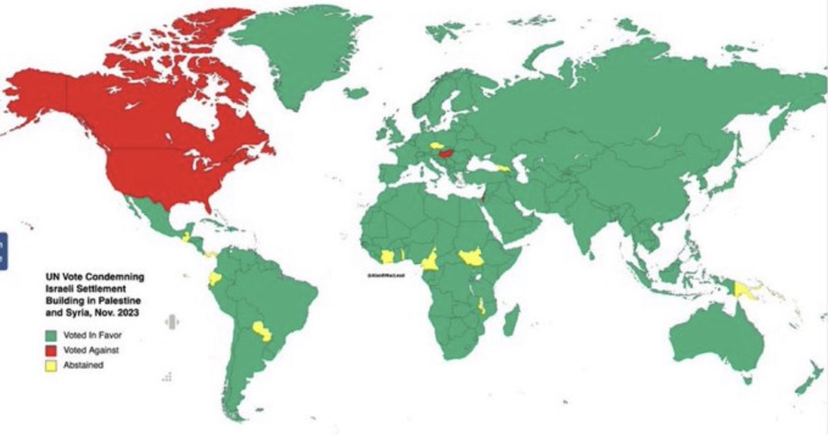 ShaykhSulaiman's tweet photo. BREAKING: UNITED NATIONS RESOLUTION CONDEMNING ILLEGAL ISRAELI SETTLEMENTS IN PALESTINE AND SYRIA PASSES

It passed 145-7

The countries voting against the bill: 

❌ 🇮🇱 Israel
❌ 🇺🇸 USA
❌ 🇨🇦 Canada
❌ 🇭🇺 Hungary
❌ 🇲🇭 Marshall Islands
❌ 🇫🇲 Micronesia
❌ 🇳🇷 Nauru https://t.co/KBmAtFIzbt