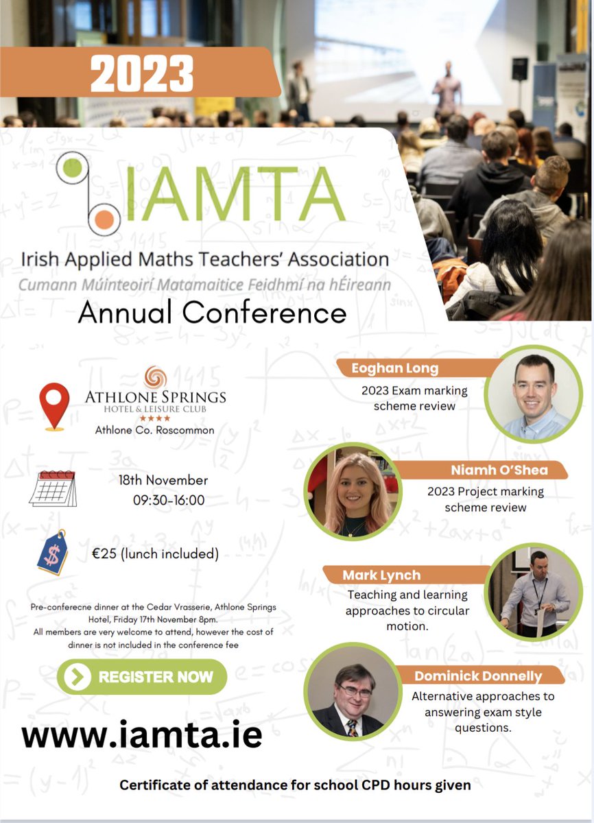 1 week to go until our annual conference. Lots of great presentations and opportunities to connect with other Applied Maths teachers. 
Register at: iamta.ie