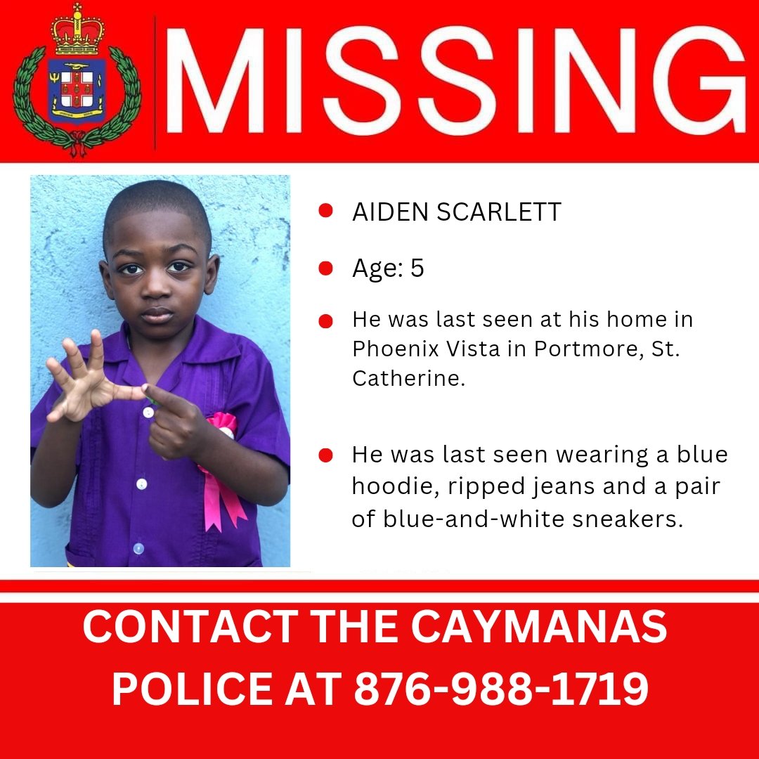 We need your help to find 5-year-old Aiden Scarlett. If you have any information that can help, contact the Caymanas Police at 876-988-1719.

#HighAlert