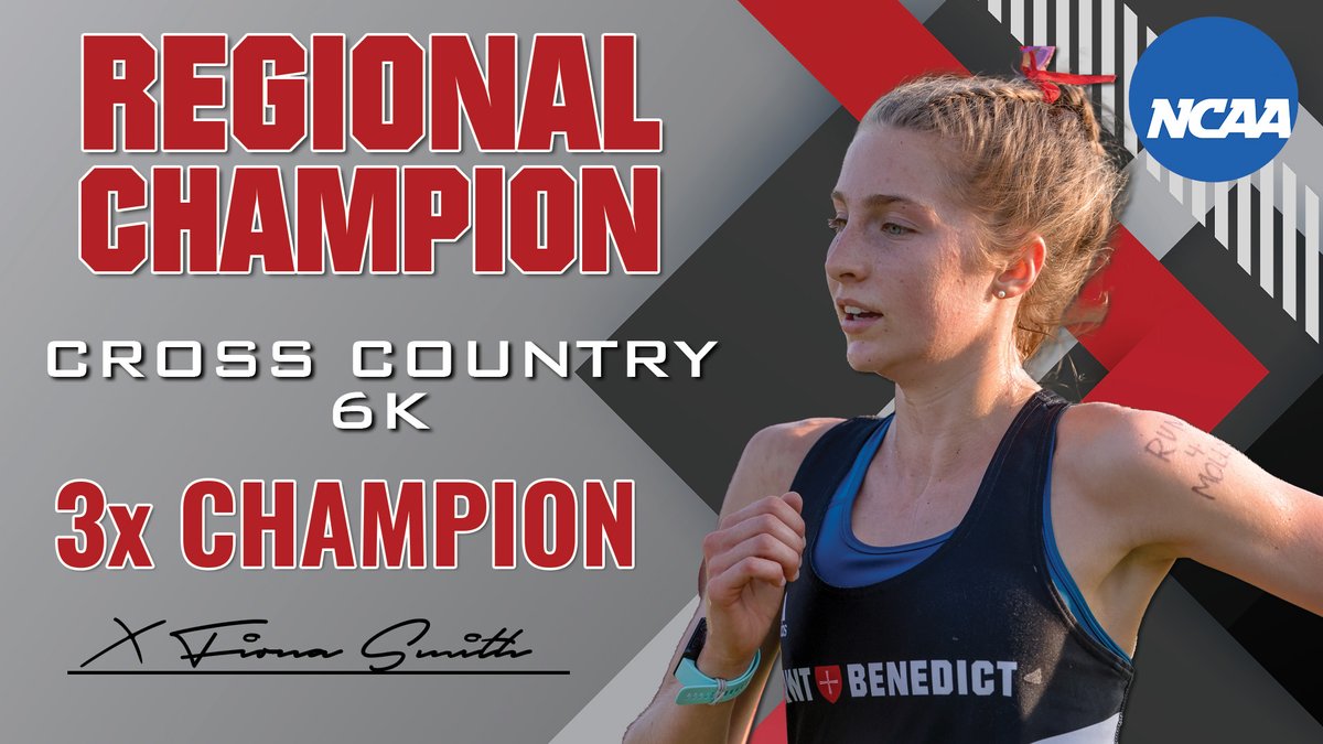 3X REGION CHAMP - Fiona Smith of @SAINTBENEDICTXC won her 3rd consecutive @NCAADIII North Region Cross Country title. Smith clocked 20:42.2 & won the race by 25 seconds. CSB's Annie Kiolbasa was 18th (22:24.7) as the Bennies placed 6th (234 points) as a team. #BennieNationProud