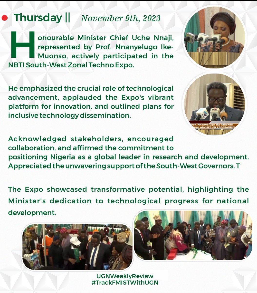 ChiefUcheNnaji's tweet photo. Key highlights:
6th November - 11th November, 2023:
Week-In-Review
#BuildwithUGN
#ScienceForNigeria
#UGNWeeklyReview
#TrackFMISTWithUGN
#FMISTWithUGN https://t.co/eNk0gcRxXb