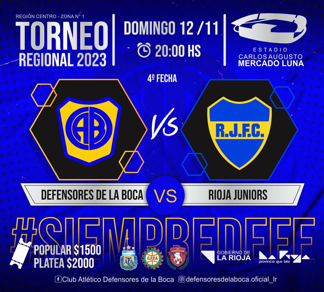 ‼️SE VIENE EL CLÁSICO‼️

🇺🇦🔝 El primer equipo buscará estirar la racha positiva en el clásico ante  Rioja Juniors en el marco de la 4° fecha del #TorneoRegional.

🆚️ Rioja Juniors
📅 Domingo 12/11
⏰️ 20:00 hs
🏟 Estadio Mercado Luna

#SiempreDefe🟡🔵