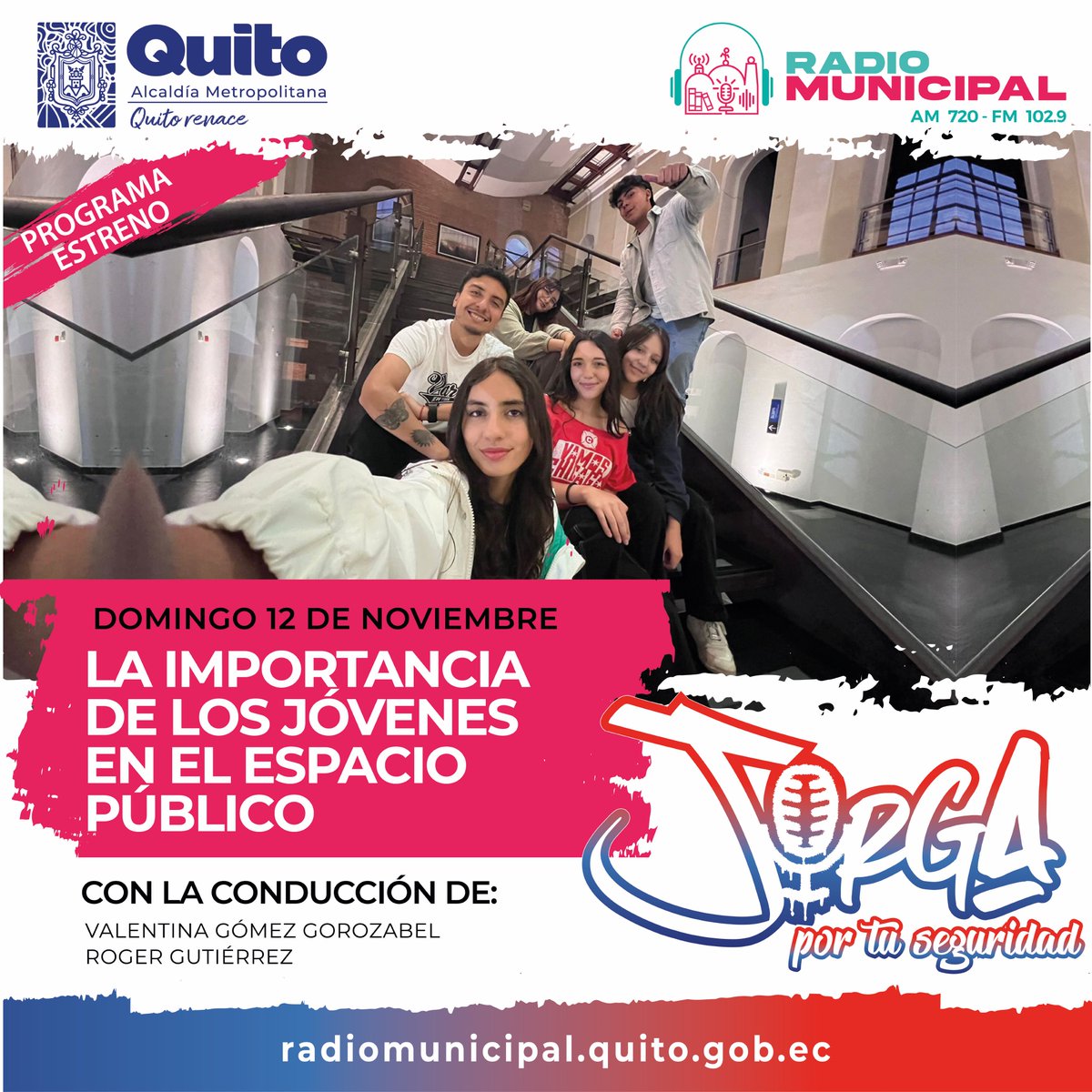 MQRadiofm's tweet photo. 📣 #Estreno |Espacios públicos  🌳 llenos de jóvenes🧒y barrios más seguros 🚓 👮 
Eso impulsaremos todos los  domingos 🌞 desde “Jorga por tu Seguridad” 

🗓️Todos los domingos
⏰10:30
🔗https://t.co/7yzuPQBi3m
📻102.9FM
#Seguridad #EspacioPublico #Barrios #Quito #RadioMunicipal https://t.co/y563nFQsbJ