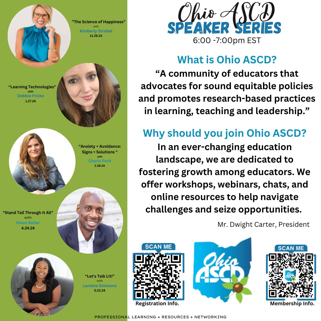 Mark your calendars for our free virtual Speaker Series, beginning 11/29/23! #ohioASCD #teachersoftwitter #ohedchat #FitLeaders #CareerTechOhio