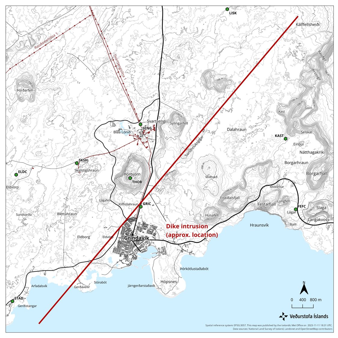 Significant likelihood of a volcanic eruption in the coming days. Models show a 15-km long magma intrusion, located just northwest of Grindavík. A hazard area has been defined based on the location of the dike, as shown in the map. en.vedur.is/about-imo/news…