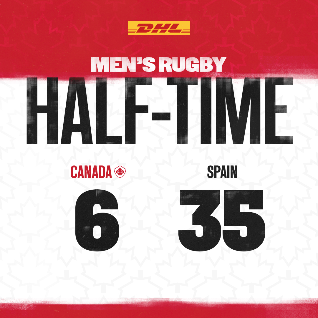 HALF-TIME 🇨🇦🇪🇸 Spain leads Canada’s Men’s Rugby Team 35-6 at half-time. *** MI-TEMPS 🇨🇦🇪🇸 À la mi-temps, l’Espagne mène 35 à 6 contre l’équipe masculine de rugby du Canada. #RugbyCA | @DHLRugby