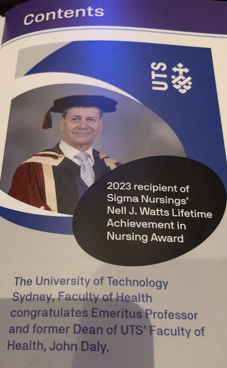 Delighted to see that Professor John Daly @UTS_Health received @SigmaNursing Nell J. Watts Lifetime Achievement in Nursing Award.