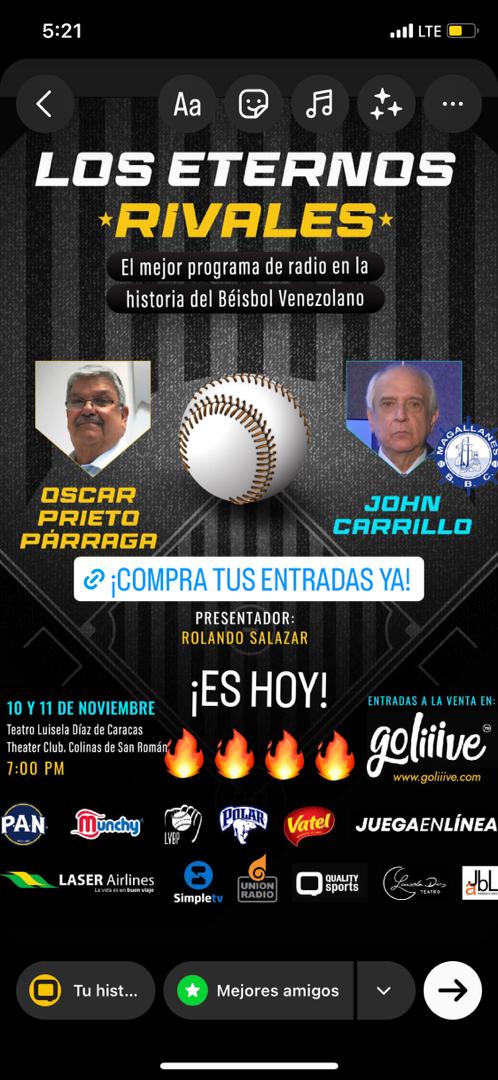 ULTIMA FUNCIÓN #LosEternosRivales
Ven y disfruta con nosotros!
Nuestros aliados @polarpilsen @juegaenlinea @magallanes_bbc @alimentosmunchy @LVBP_Oficial @laserairlines @Unionradionet @Simpletvve #GrupoMiMesa #PAN @QualitySport @CCSTheaterClub bit.ly/3FKLTJ8