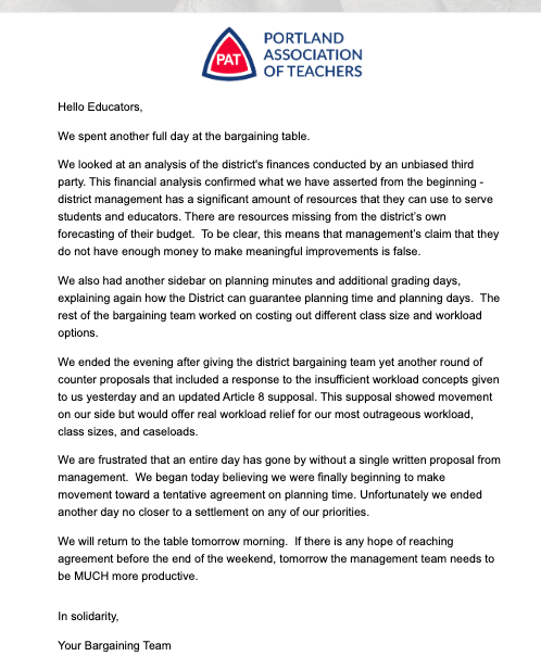 for all that @PPSConnect & @Super_GGuerrero try to paint the ongoing Portland Teacher's Strike as disruptive of student learning, it's pretty wild that they've dragged down this process by going *whole days* without submitting written proposals. pdxteachers.org/bargaining