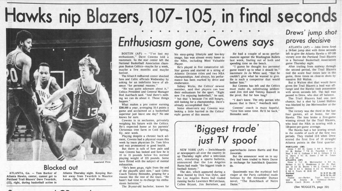 77Blazers's tweet photo. Nov 11 1976 - #TomHenderson passes for a career-high 17 assists in @ATLHawks last second victory over @trailblazers
#JohnDrew hit a 30-ft bomb w/:03 seconds remaining to pull off the win. The #Blazers had a chance at the end by had a lay in blocked as time expired

#RipCity https://t.co/GVY0jyGuqB