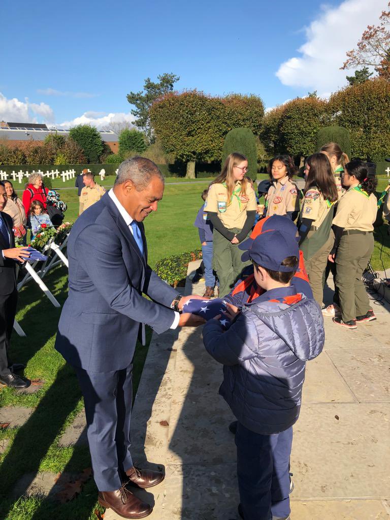 SecDjou's tweet photo. Chair Michael Garrett and I were delighted to be at Flanders Field American Cemetery on Veterans Day with Boy Scouts from Mons and Belgium. @usabmc #abmc100 https://t.co/RLOTURueVP