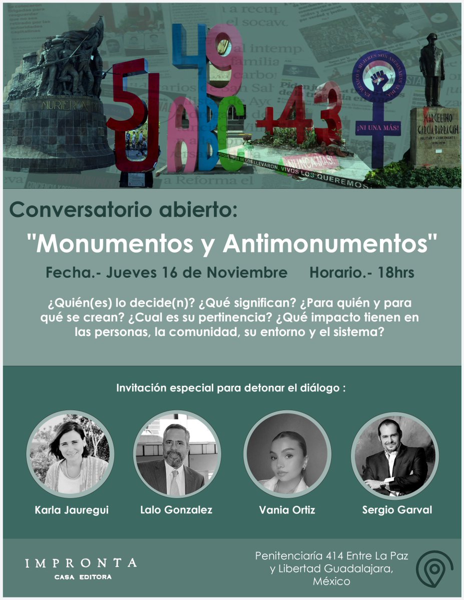 Este siguiente jueves conversaremos sobre los monumentos y Antimonumentos que nos hacen una lectura histórica de la ciudad, ¿Que significan y que pertinencia tienen?

En <a href="/casaimpronta/">Impronta Casa Editora</a> este 16 de Noviembre a las 18hrs