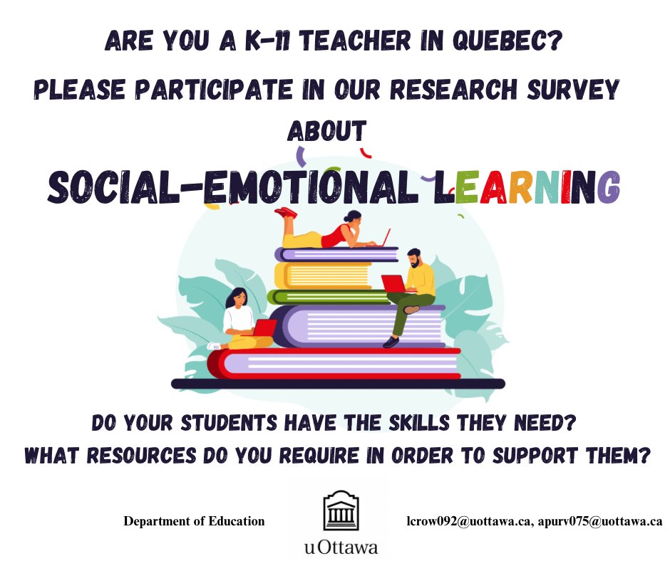 Quebec-based teachers! We are conducting a research study regarding Social-Emotional Learning. We would really appreciate it if you'd take a few minutes to complete our survey. Thanks in advance for your support! bit.ly/3QPhMXB