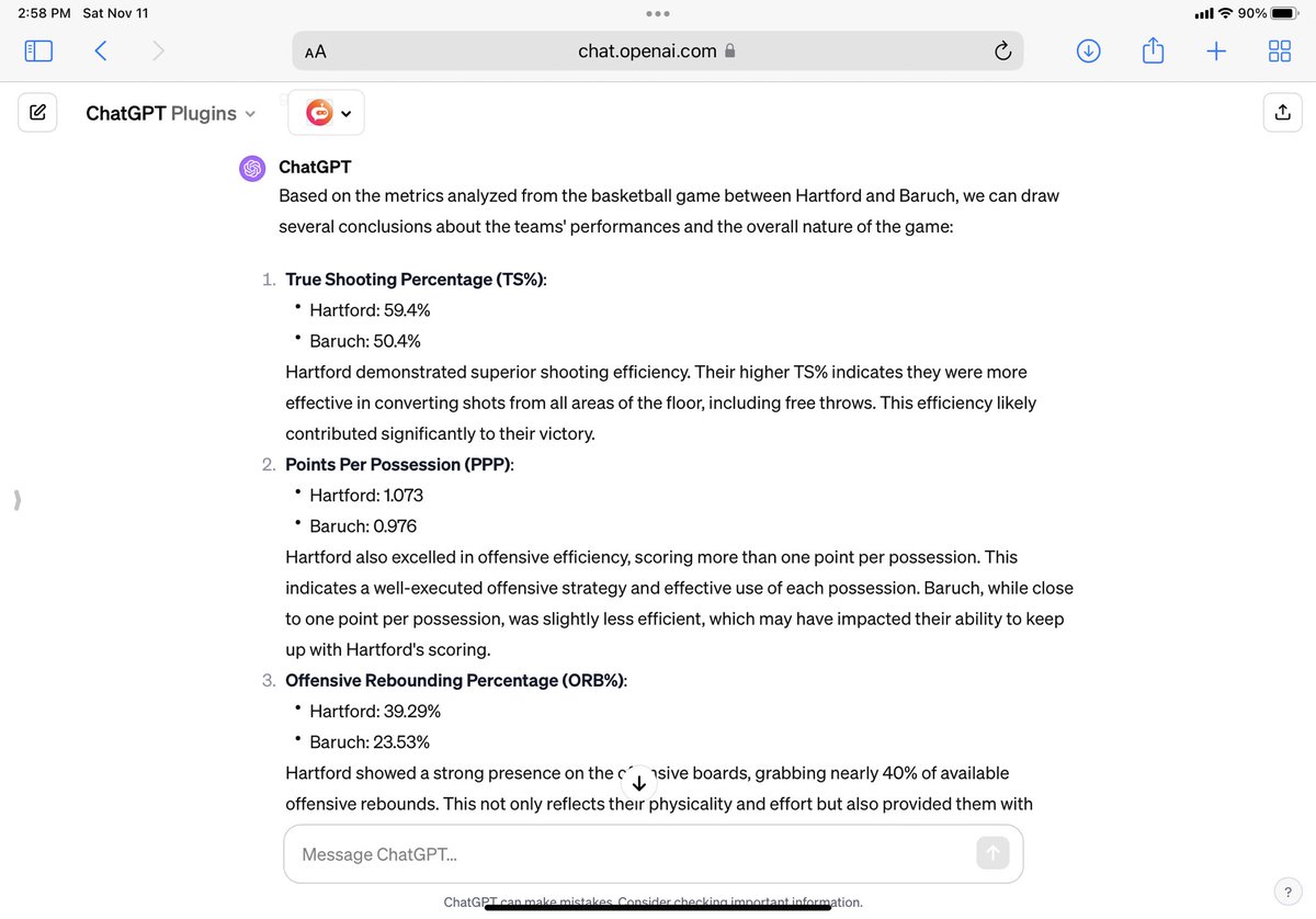 tfarid5's tweet photo. Lastly, I asked for its overall summary of the game based on the metrics we calculated. Pretty generic and vanilla content but spot on for the analysis of the actual game I watched https://t.co/e1tqxcnXs4