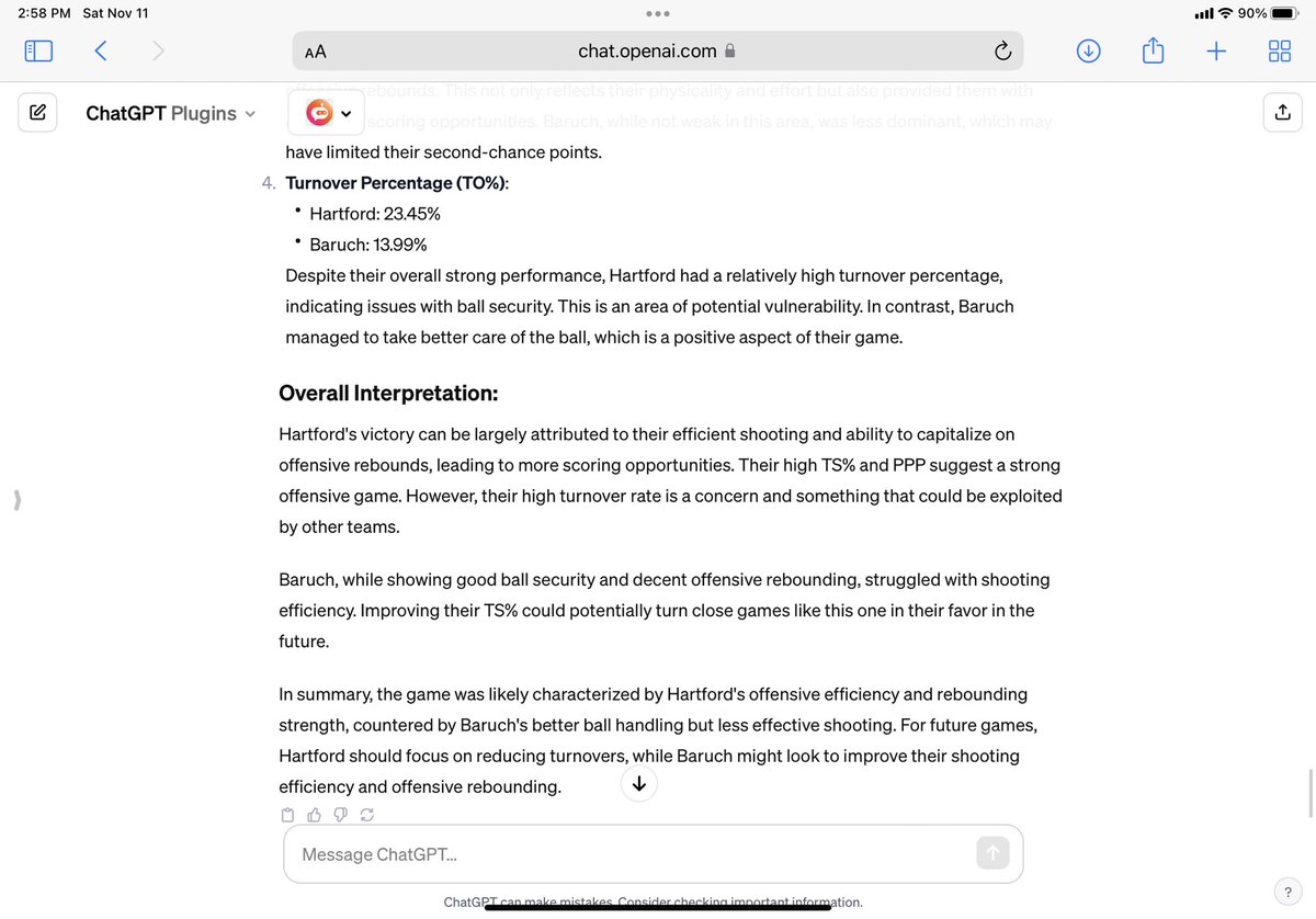 tfarid5's tweet photo. Lastly, I asked for its overall summary of the game based on the metrics we calculated. Pretty generic and vanilla content but spot on for the analysis of the actual game I watched https://t.co/e1tqxcnXs4