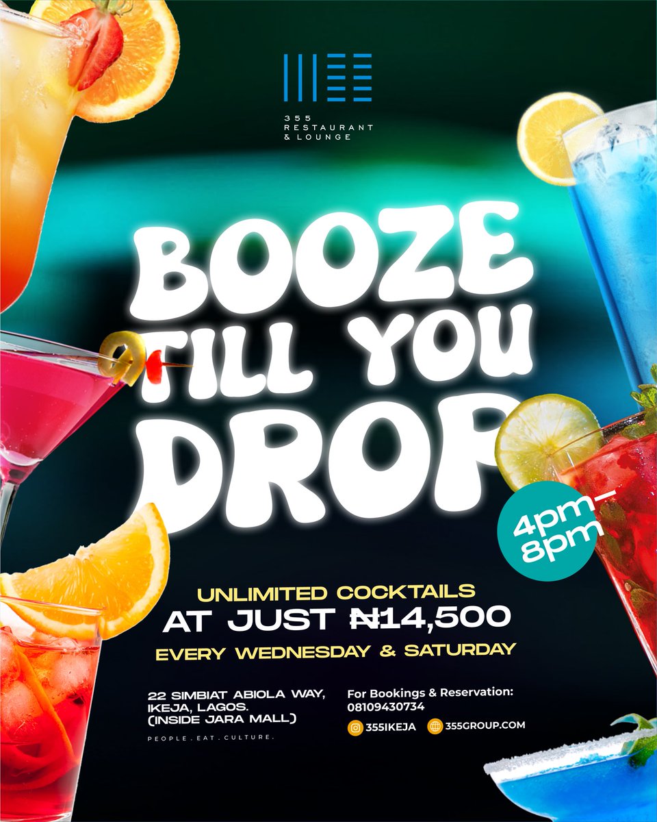 355ng's tweet photo. The best stories are born from endless sips of legendary cocktails! 🤭

Booze till you drop, Wednesdays &amp; Saturdays. Join us @ 355 Ikeja! 🥂 https://t.co/8HzlettsUV