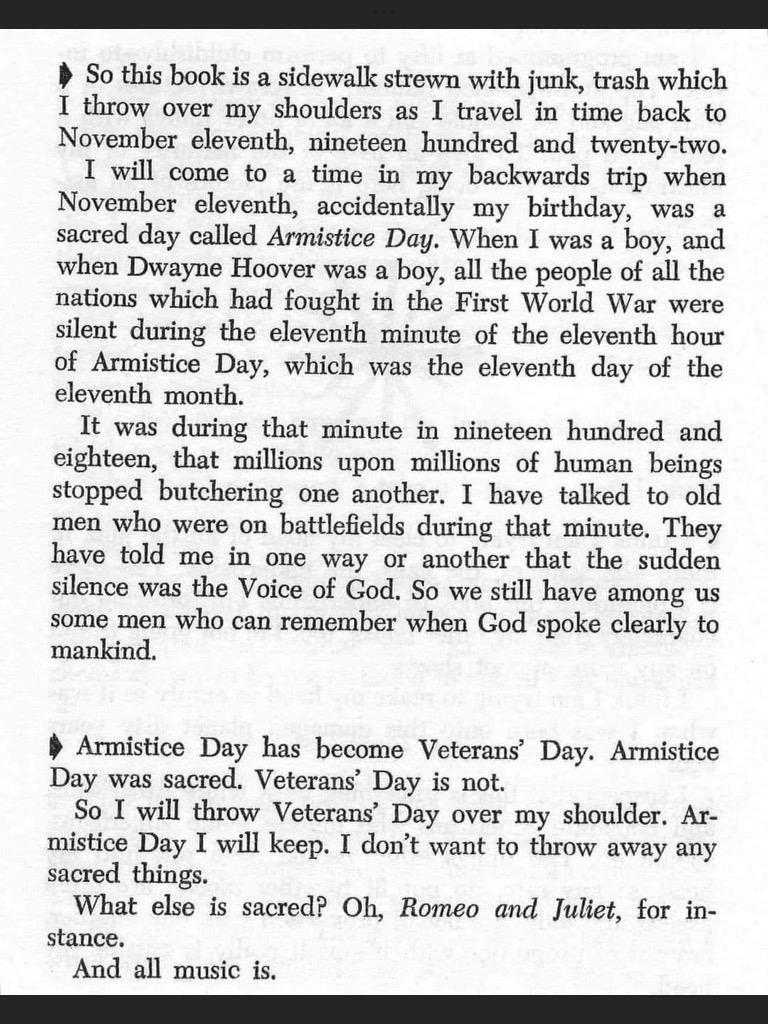 If you're someone who wonders why the number 11-11 appears so frequently in their lives, here is #KurtVonnegut in "Breakfast of Champions" explaining the meaning of this day in history -- aside from being his birthday. (1/2)