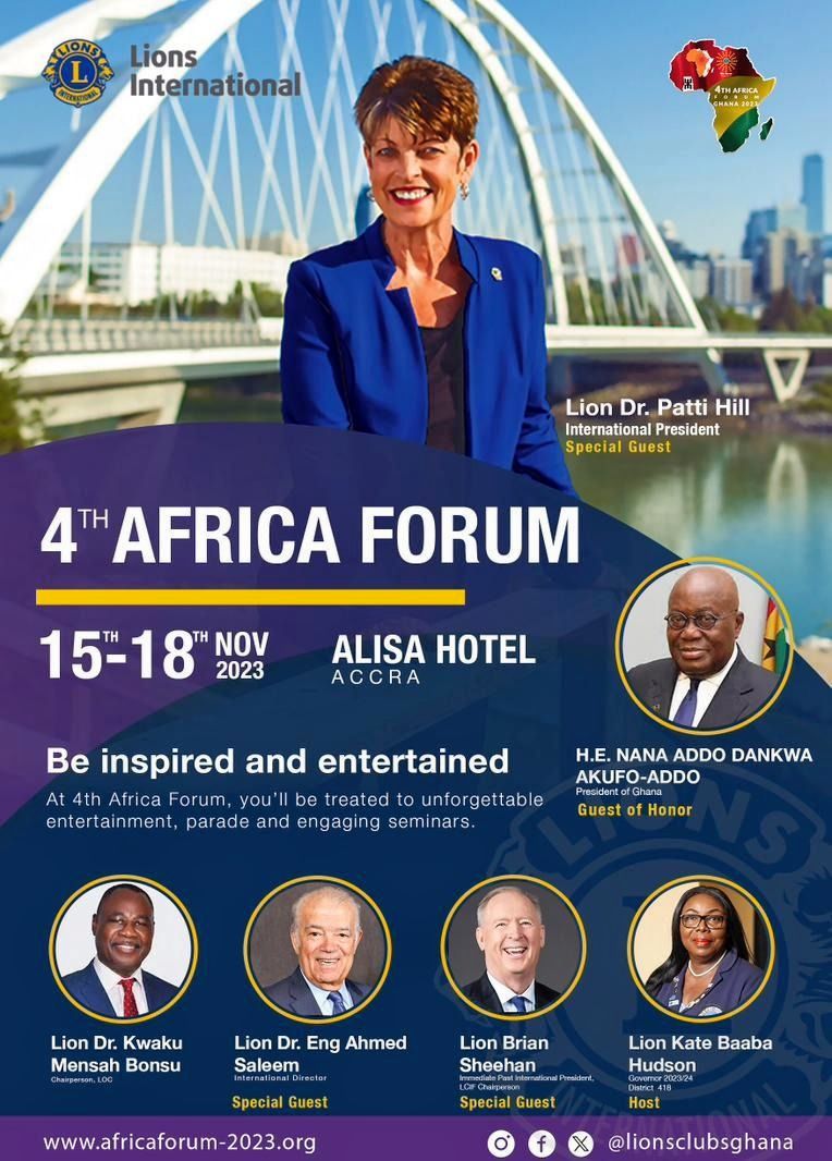 🦁 Join us at the 4th Africa Forum in Accra, Ghana from Nov 15-18. 
Calling all Lions and Leos to participate in this historic event under the theme: “Realising the Unrealised”
#AfricaForum2023
#LionsAndLeosUnite
#LionsInternational