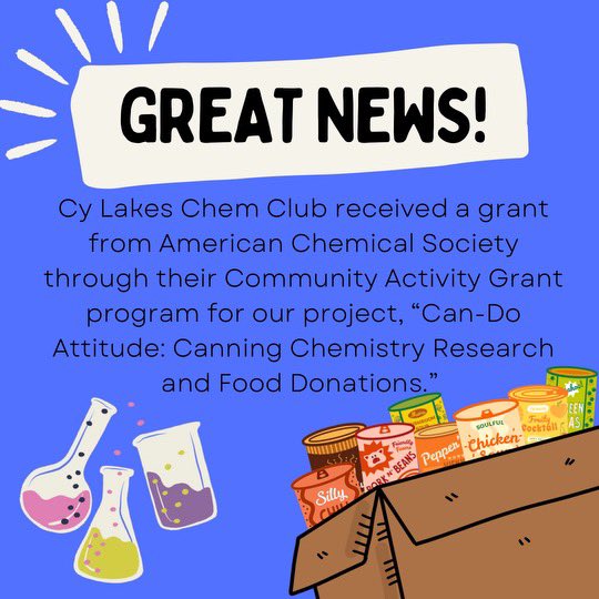 We would like to thank <a href="/ACSChemClubs/">ChemClub Program</a> <a href="/AmerChemSociety/">American Chemical Society</a> and <a href="/FlinnScientific/">Flinn Scientific | Science Resources & Supplies</a> for this grant. We are eternally grateful for this opportunity!!!! Yay Cy- Lakes Chem Club!!!