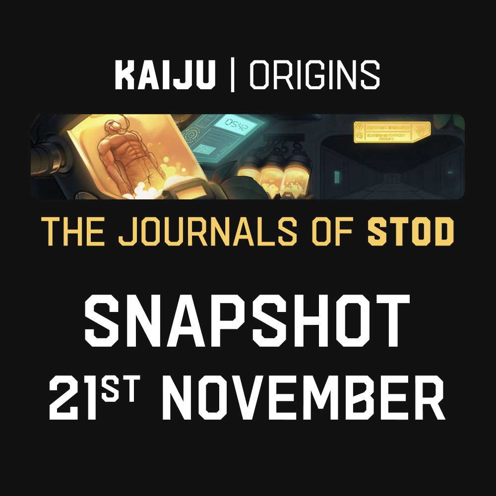 Kaiju | Origins: The Journal Of STOD🥼

The first installment of the <a href="/KaijuKingz/">KaijuKingz</a> Origins story concludes. 

🔥Rewards are coming 🔥

The snapshot happens on 21st November. Make sure to complete the game atleast once (or more 😉).

🧵Learn more about the game, rewards &amp; NFTs ↓