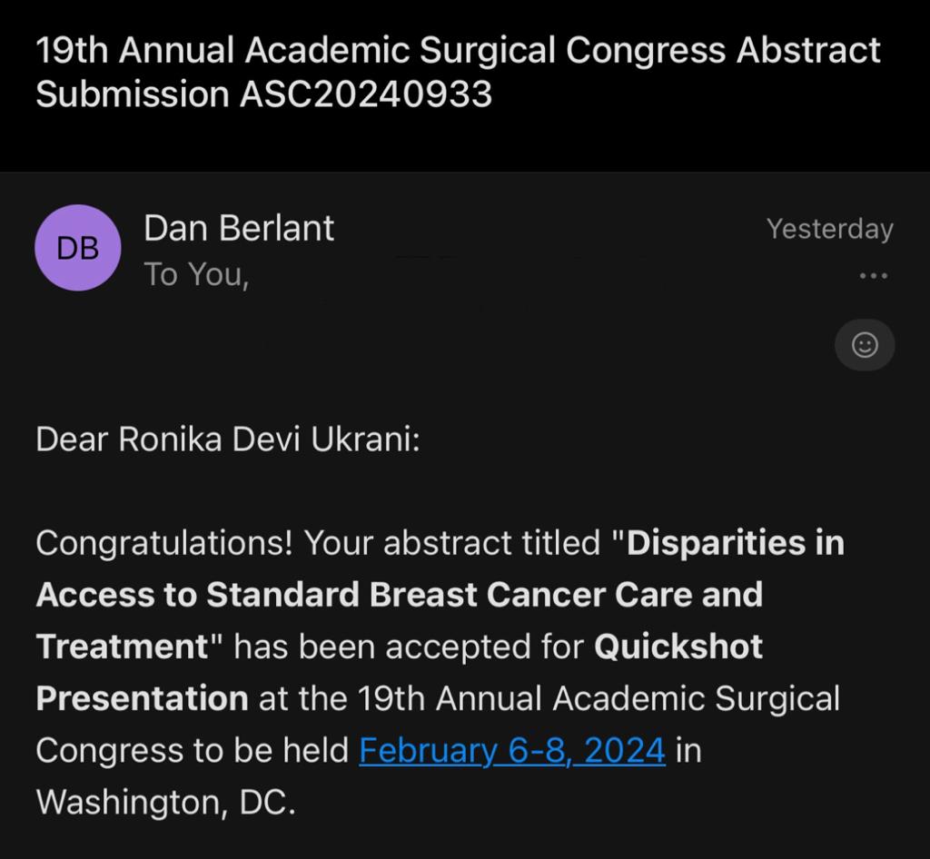 Ronika Devi Ukrani (@ronikadukrani) on Twitter photo Abstract Accepted!! Looking forward to sharing our research on Disparities in Access to Standard Breast Cancer Care and Treatment at the upcoming Academic Surgical Congress!! #ASC2024! <a href="/AcademicSurgery/">Assoc4AcademicSurgery</a> <a href="/AKUGlobal/">Aga Khan University</a> Abstract Accepted!! Looking forward to sharing our research on Disparities in Access to Standard Breast Cancer Care and Treatment at the upcoming Academic Surgical Congress!! #ASC2024! <a href="/AcademicSurgery/">Assoc4AcademicSurgery</a> <a href="/AKUGlobal/">Aga Khan University</a>