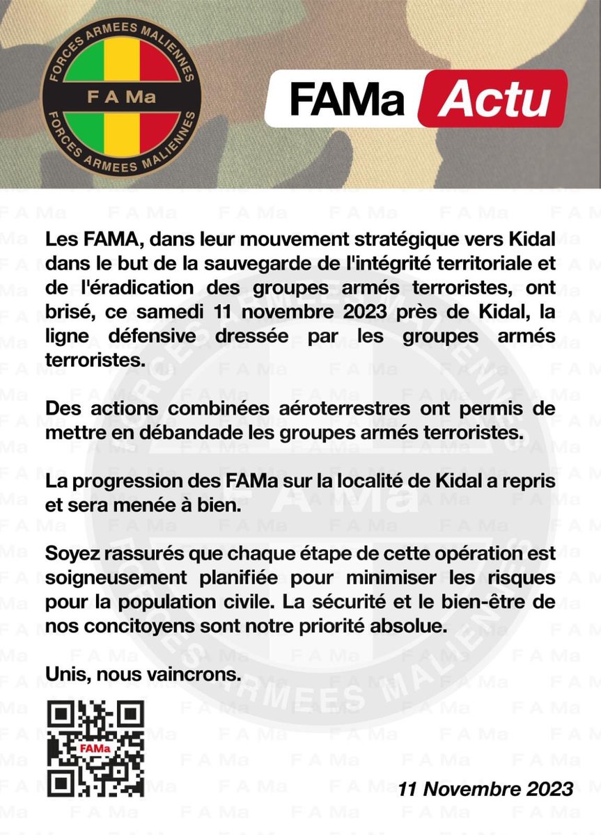 Laccent_'s tweet image. #Kidal | «La progression des #FAMa sur la localité sera menée à bien» selon communiqué publié par la #DIRPA .⤵️