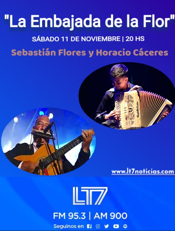 🔊 Esta noche a las 20 hs en el programa "La Embajada de la Flor" en <a href="/LT7Noticias/">LT7 Noticias</a> estaré de invitado de Sebastian Flores acompañándolo en guitarra... Desde ya muchas gracias por tenerme en cuenta, será una noche emocionante. 👏🏽

📻 FM 95.3
lt7noticias.com