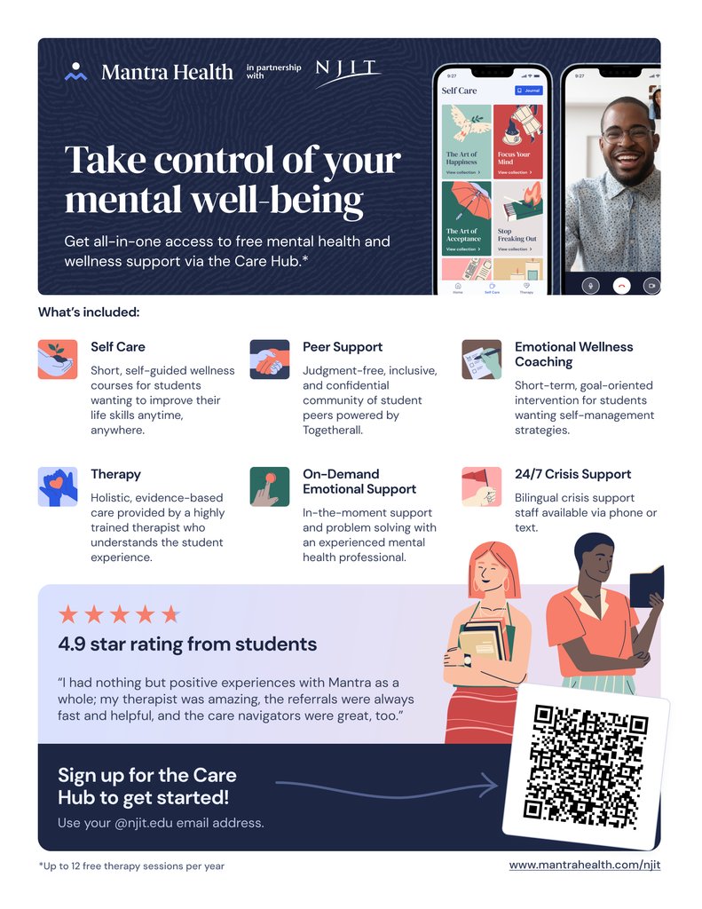 Have you heard about NJIT's newest partnership with Mantra Health in support of student mental health? Now you have MORE access to a variety of on-demand support options! Link to make your free account in our bio. #NJIT #MantraHealth #MentalHealth #OnDemand #NJITReslife