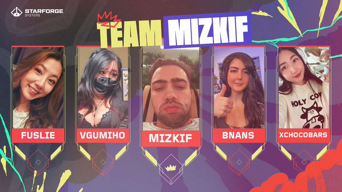 Introducing Team Mizkif for the OTK Valorant Invitational 💢 @REALMizkif @fuslie @vGumiho @bnans @xChocoBars NOV 13th @ 2PM CST Twitch.tv/Emiru 👑