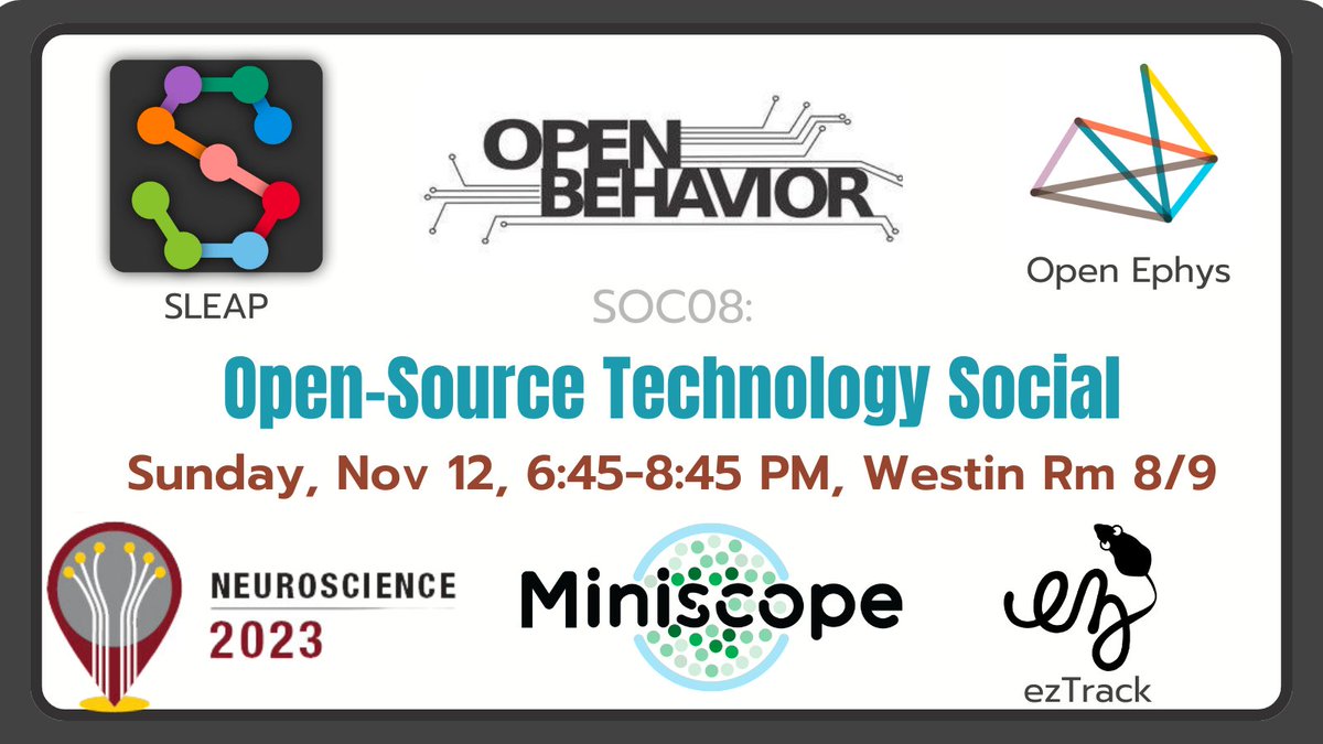 Looking for the dopest spot to be at on Sunday evening at #SfN23? Come hang with cool open-source tech devs and friends at the Westin Rm 8/9! Demos, nerding out & booze! @OpenBehavior @OpenEphys @denisejcai @DanielBAharoni @laubach_mark @LexKravitz @ChuckleScience