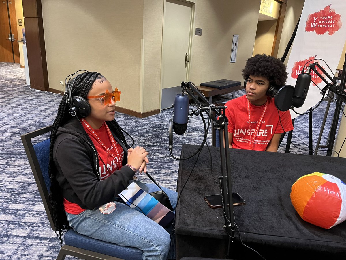 Sarah_Dunn_2's tweet photo. Here we have two sophomores, one MA and one ST, from @delcastle_ths recording a podcast about SEL activities they enjoy at the @NASSP #LEADConf https://t.co/lBSPyRiQZg