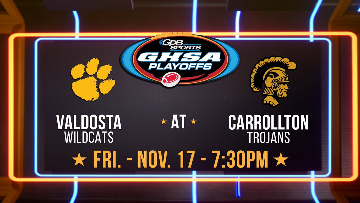 GPB Sports (@gpbsports) on Twitter photo 🚨🏈It's ROUND TWO of the 2023 <a href="/OfficialGHSA/">GHSA</a> Playoffs.
On Friday, the GPB Sports team will broadcast the <a href="/24VHSFootball/">Valdosta Football</a> vs. <a href="/Carrollton_High/">Trojan Football</a> game for this week's Football Fridays in Georgia matchup.
Coverage begins at 7:30 PM!
More details coming soon. #GPBSports 🚨🏈It's ROUND TWO of the 2023 <a href="/OfficialGHSA/">GHSA</a> Playoffs.
On Friday, the GPB Sports team will broadcast the <a href="/24VHSFootball/">Valdosta Football</a> vs. <a href="/Carrollton_High/">Trojan Football</a> game for this week's Football Fridays in Georgia matchup.
Coverage begins at 7:30 PM!
More details coming soon. #GPBSports